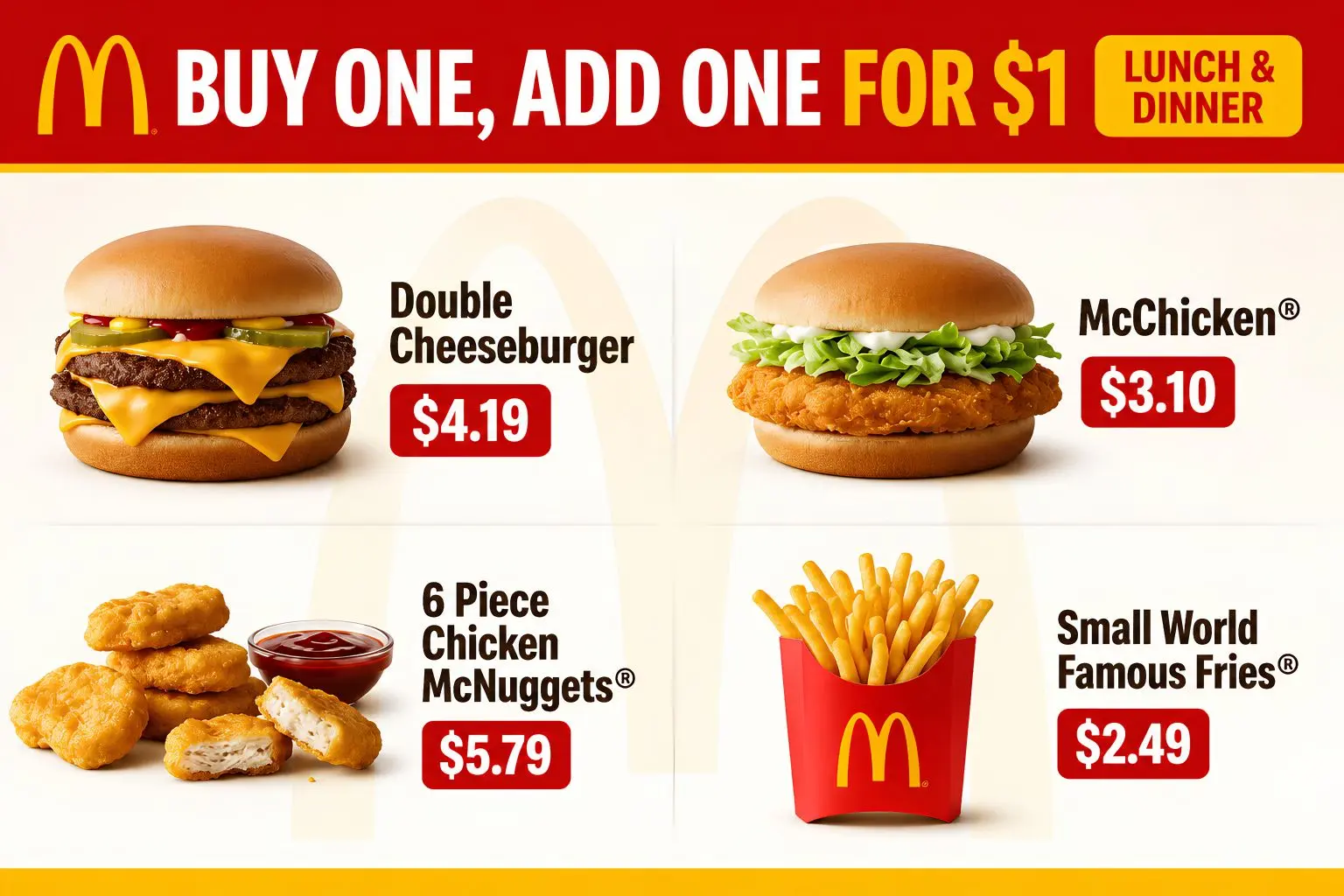 McDonald's Menu With Prices Buy One, Add One for $1 (Lunch & Dinner)
