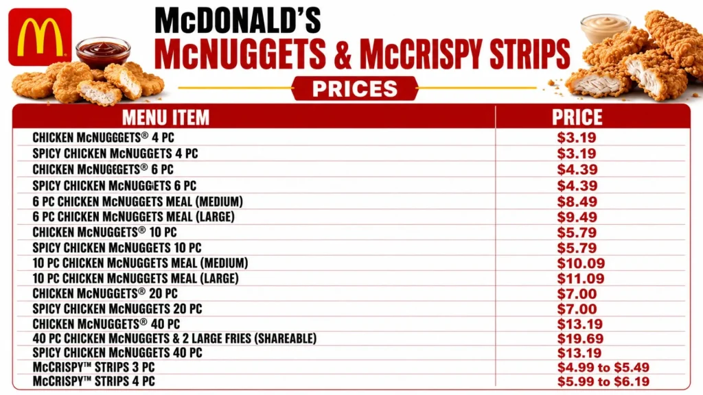 McDonald's Menu With Prices mcdonalds mcnuggets and mccrispy strips prices